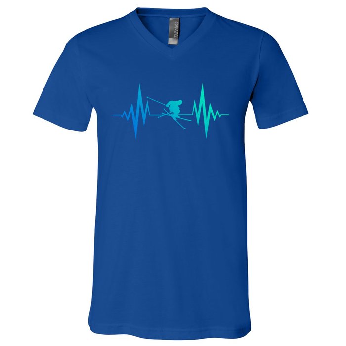 Skiing Heartbeat I Love Skiing Winter Sports Racing Skier Gift V-Neck T-Shirt