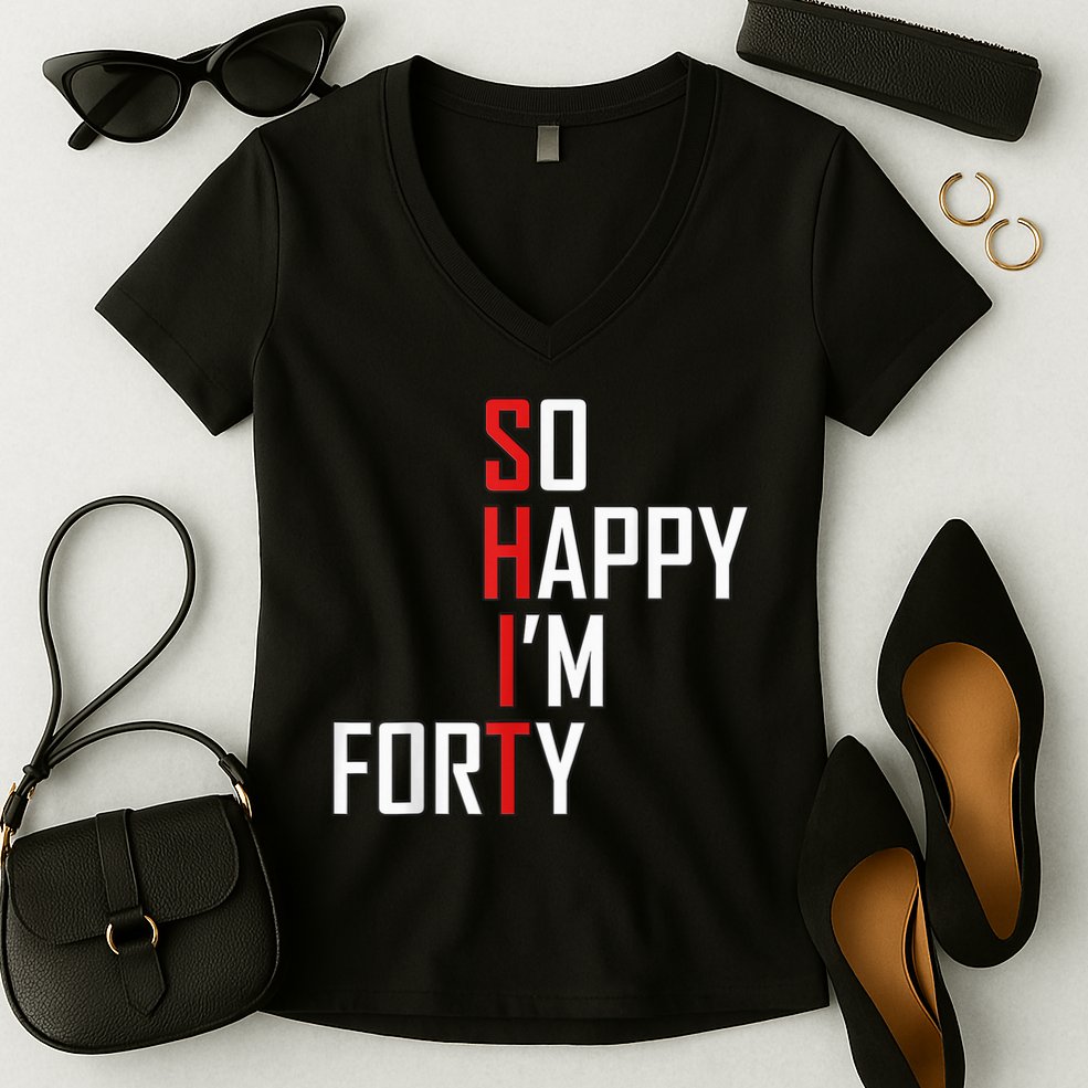 So Happy I'm Forty Funny 40th Birthday 40 Year Old Gag Gift Women's V-Neck T-Shirt