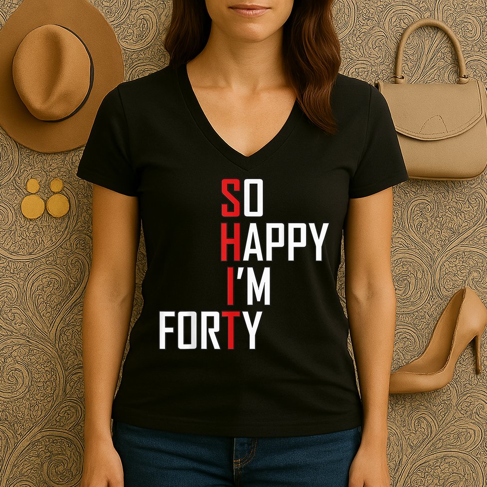 So Happy I'm Forty Funny 40th Birthday 40 Year Old Gag Gift Women's V-Neck T-Shirt