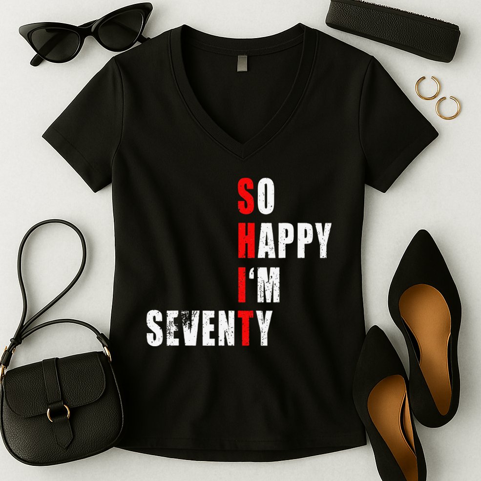 SO HAPPY I'M SEVENTY FUNNY 70th BIRTHDAY TEXT QUOTE GIFTS Women's V-Neck T-Shirt