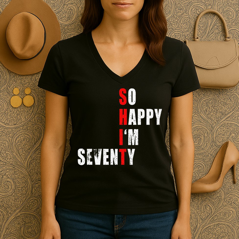 SO HAPPY I'M SEVENTY FUNNY 70th BIRTHDAY TEXT QUOTE GIFTS Women's V-Neck T-Shirt