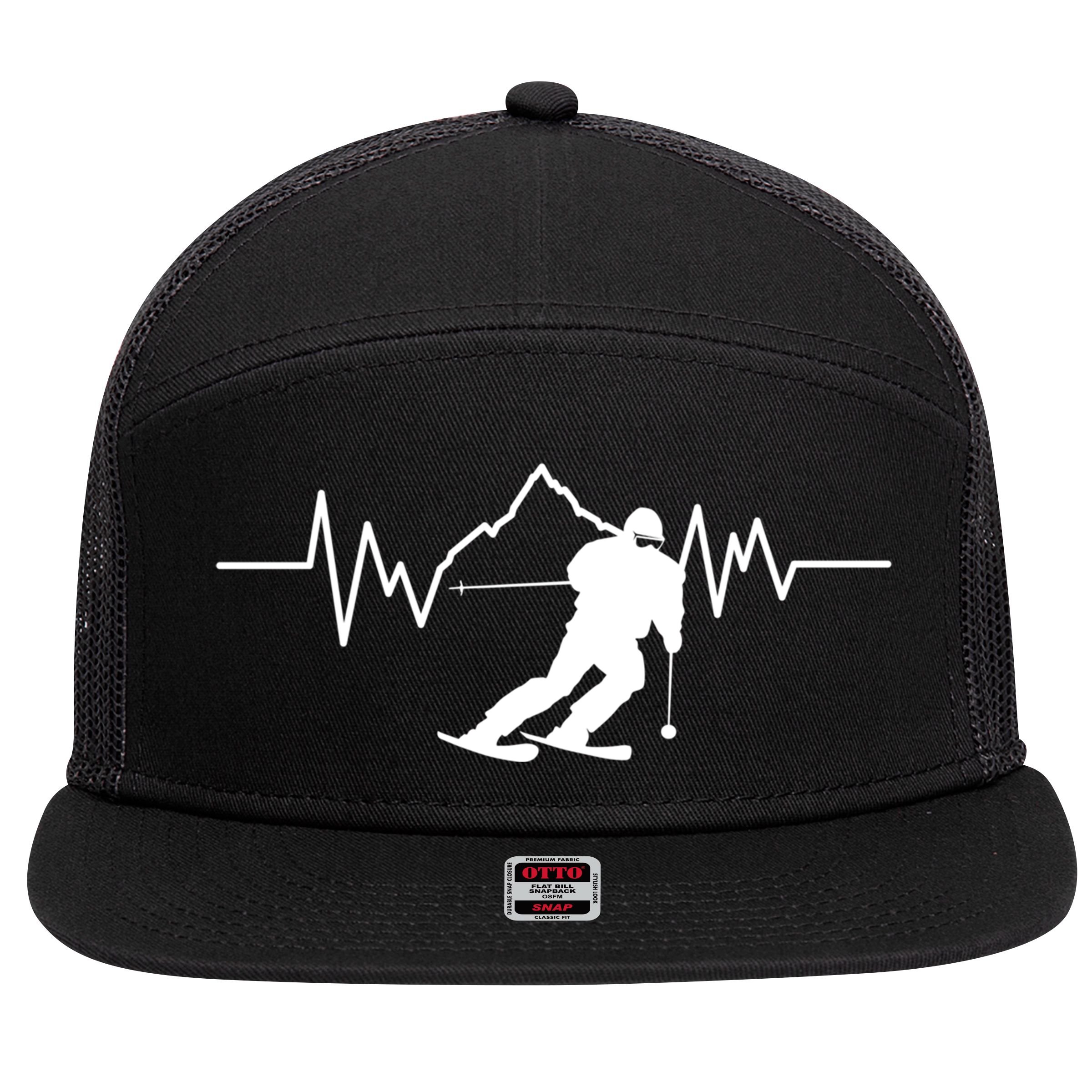 Skier Heartbeat I Alpine Cross Coutry Skiing Gift 7 Panel Mesh Trucker Snapback Hat