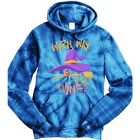 S Halloween Ing Gift Witch Way To The Wine Funny Gift Tie Dye Hoodie