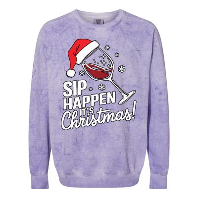 Sip Happens Its Christmas Funny Santa Christmas Wine Lovers Colorblast Crewneck Sweatshirt