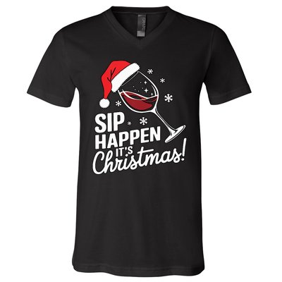 Sip Happens Its Christmas Funny Santa Christmas Wine Lovers V-Neck T-Shirt