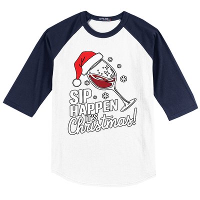 Sip Happens Its Christmas Funny Santa Christmas Wine Lovers Baseball Sleeve Shirt