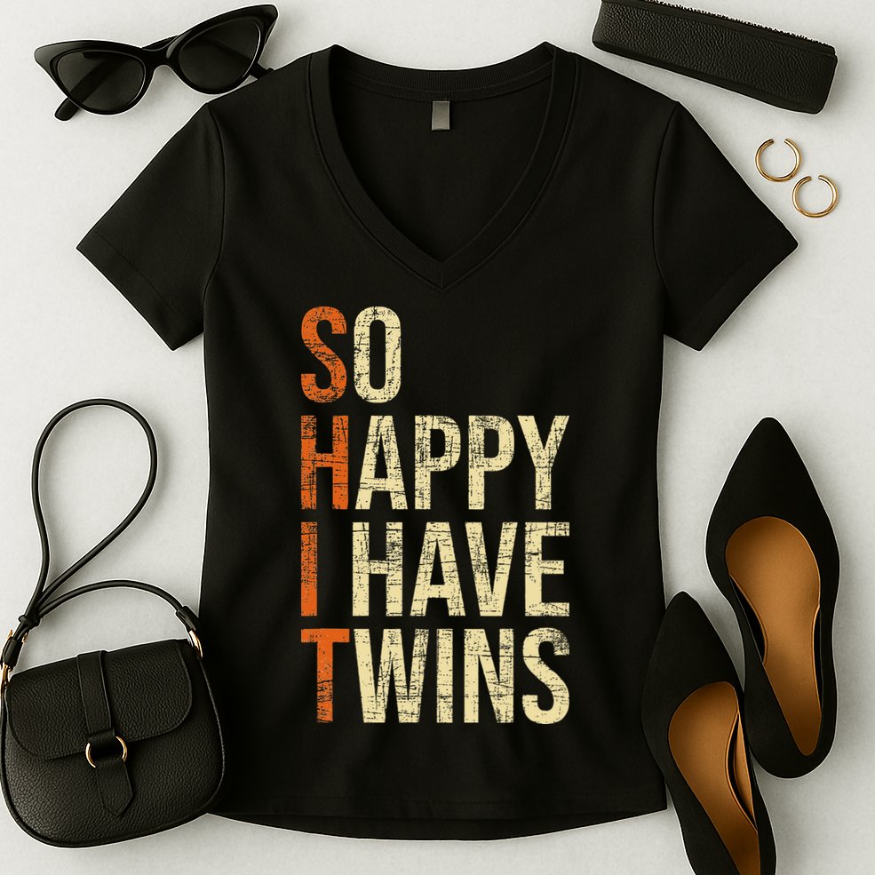 So Happy I Have Twins Twin Dad Father Mother Of Twins Women's V-Neck T-Shirt