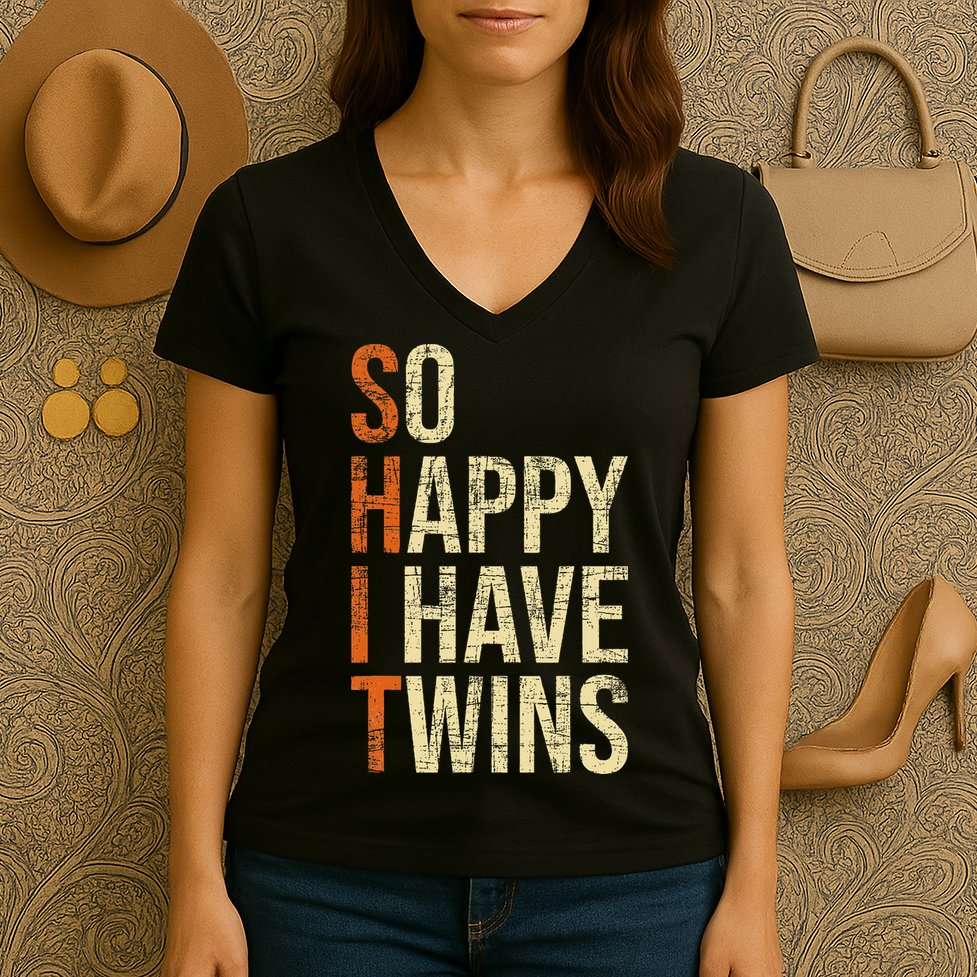 So Happy I Have Twins Twin Dad Father Mother Of Twins Women's V-Neck T-Shirt