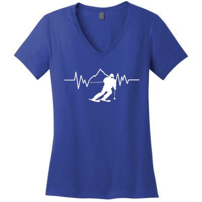 Skier Heartbeat I Alpine Cross Coutry Skiing Gift Women's V-Neck T-Shirt