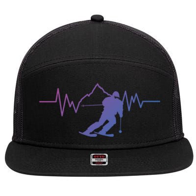 Skier Heartbeat I Alpine Cross Coutry Skiing Gift 7 Panel Mesh Trucker Snapback Hat