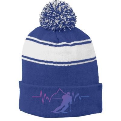 Skier Heartbeat I Alpine Cross Coutry Skiing Gift Stripe Pom Pom Beanie