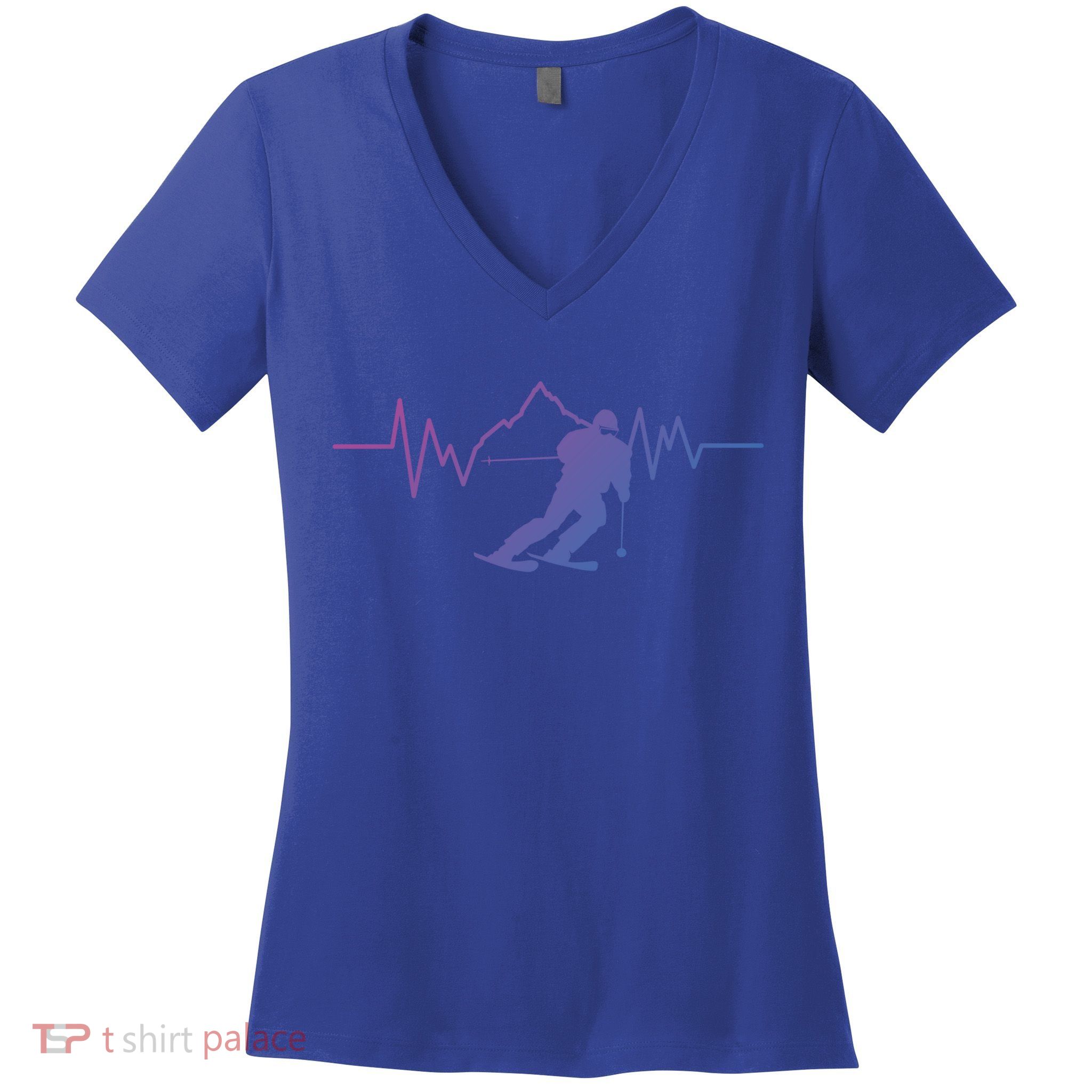 Skier Heartbeat I Alpine Cross Coutry Skiing Gift Women's V-Neck T-Shirt