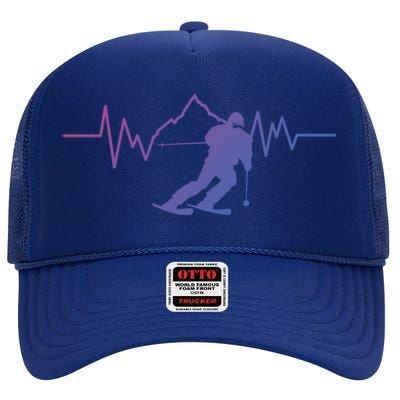 Skier Heartbeat I Alpine Cross Coutry Skiing Gift High Crown Mesh Back Trucker Hat