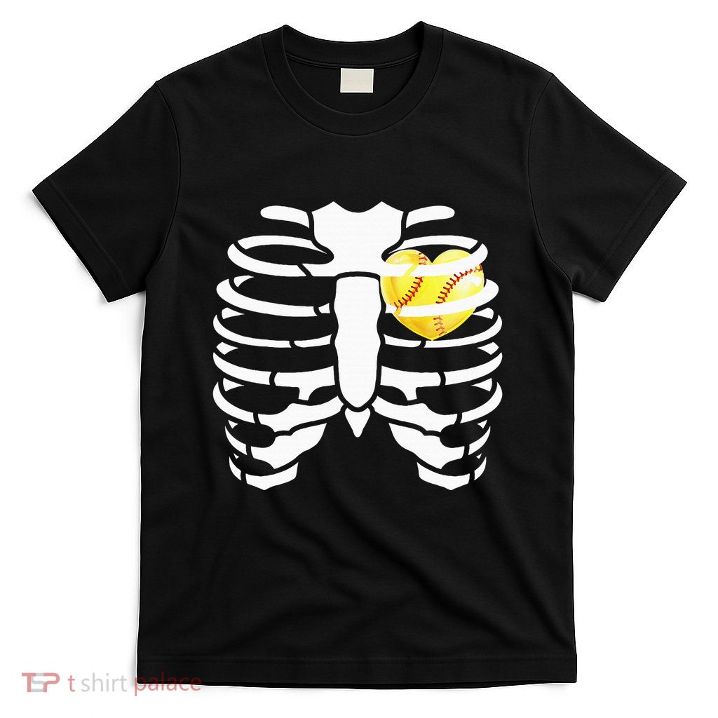 Softball Heart Inside Ribs Skeleton Halloween Costume T-Shirt