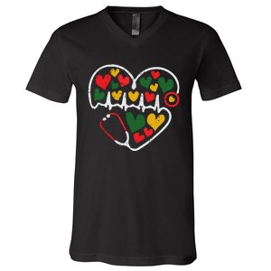 Stethoscope Heart Juneteenth Melanin Nurse African American V-Neck T-Shirt