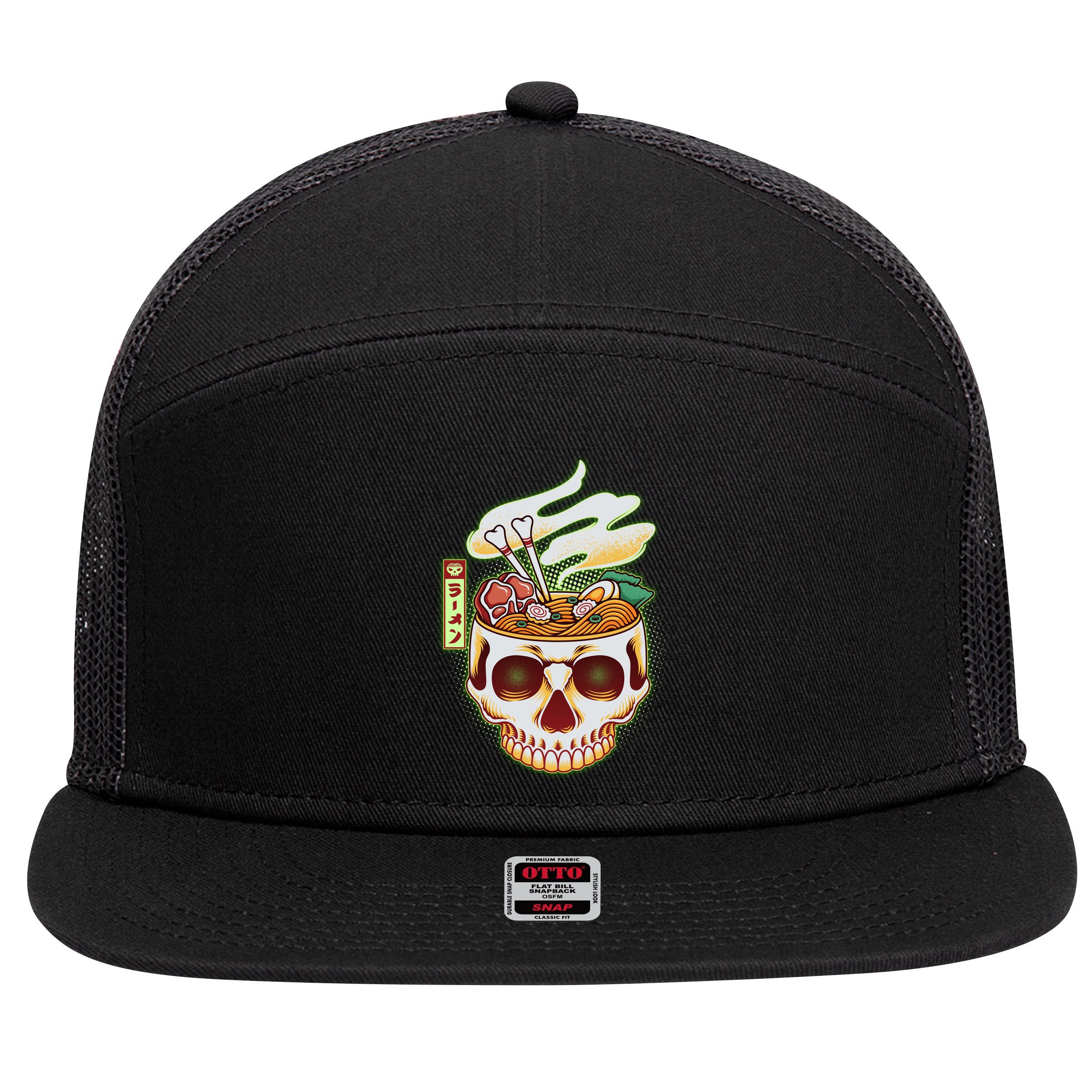 Spooky Halloween Japanese Ramen Skull Bowl 7 Panel Mesh Trucker Snapback Hat