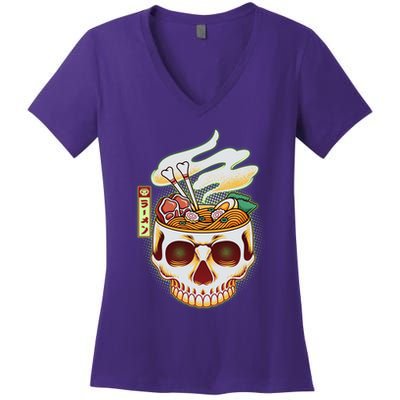 Spooky Halloween Japanese Ramen Skull Bowl Women's V-Neck T-Shirt