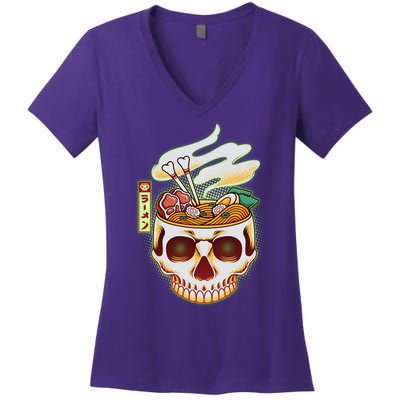 Spooky Halloween Japanese Ramen Skull Bowl Women's V-Neck T-Shirt