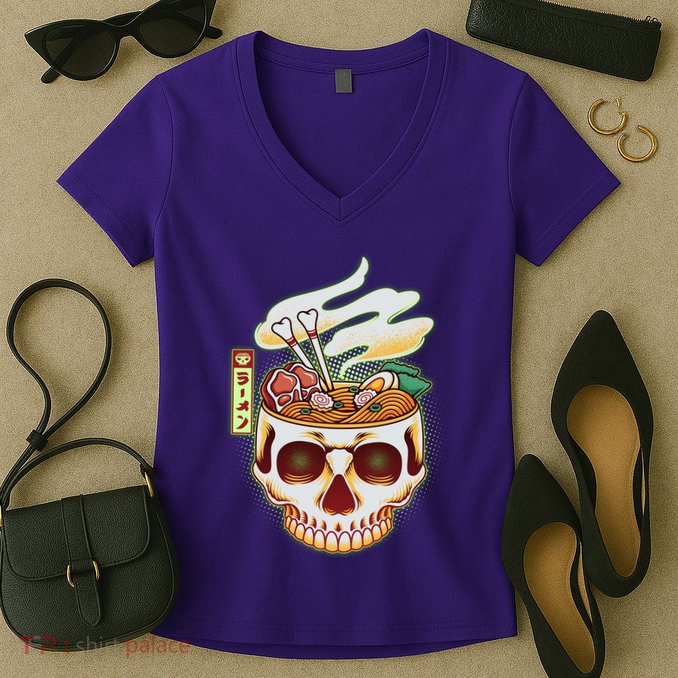 Spooky Halloween Japanese Ramen Skull Bowl Women's V-Neck T-Shirt