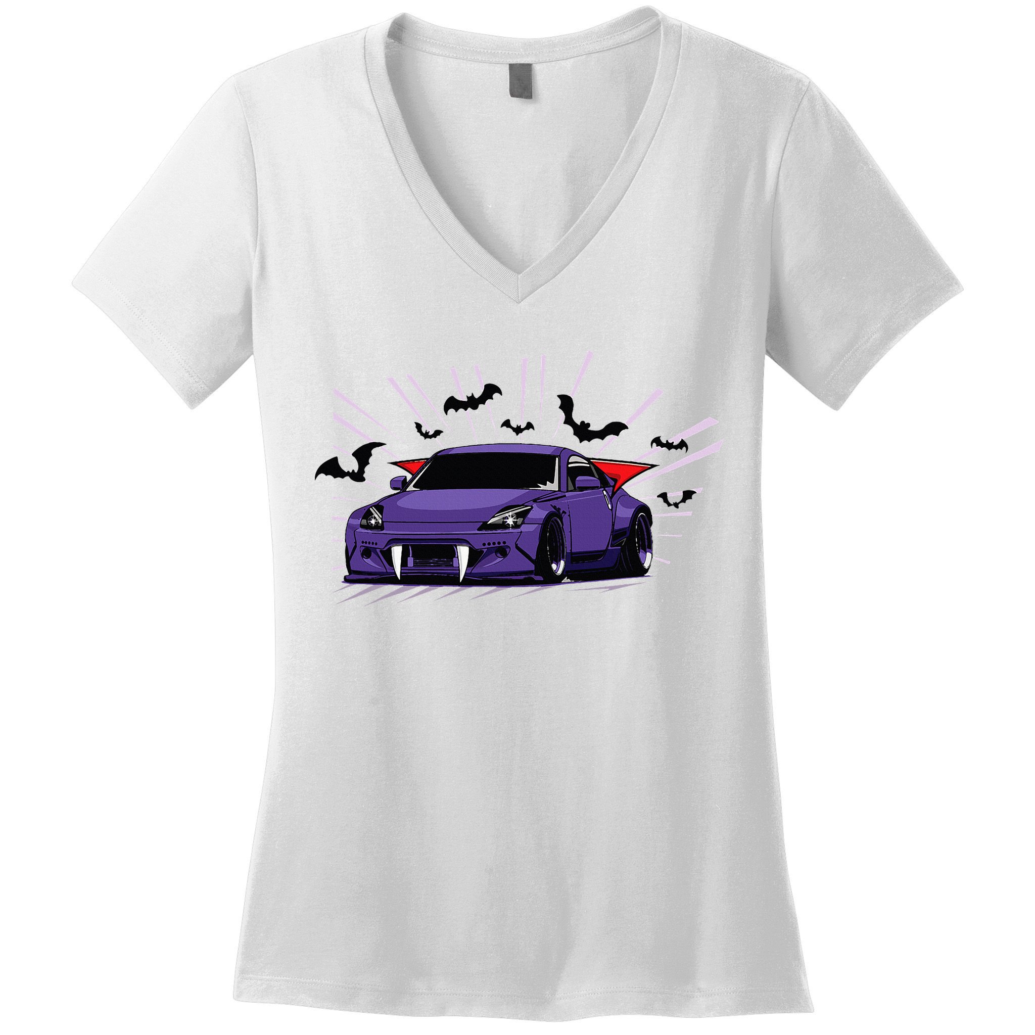 Spooky Halloween Jdm 350z Z33 Vampire Drift Car Illustrated Women's V-Neck T-Shirt
