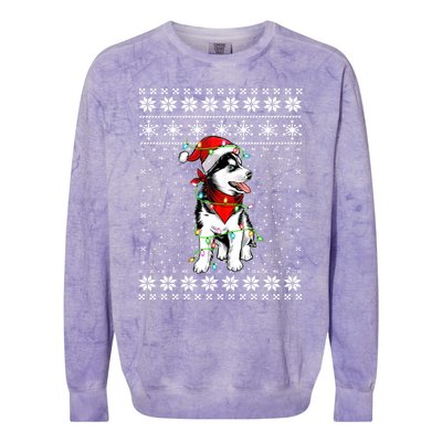 Siberian Husky Lovers Ugly Xmas Sweater Lights Santa Hat Gift Colorblast Crewneck Sweatshirt