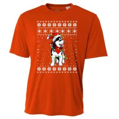 Siberian Husky Lovers Ugly Xmas Sweater Lights Santa Hat Gift Cooling Performance Crew T-Shirt