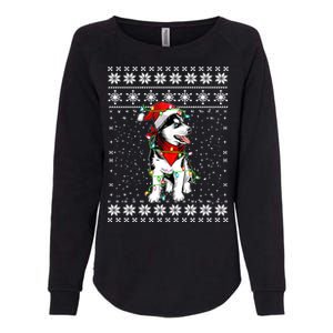 Siberian Husky Lovers Ugly Xmas Sweater Lights Santa Hat Gift Womens California Wash Sweatshirt