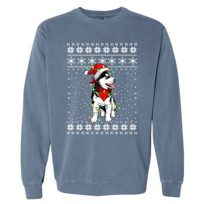 Siberian Husky Lovers Ugly Xmas Sweater Lights Santa Hat Gift Garment-Dyed Sweatshirt