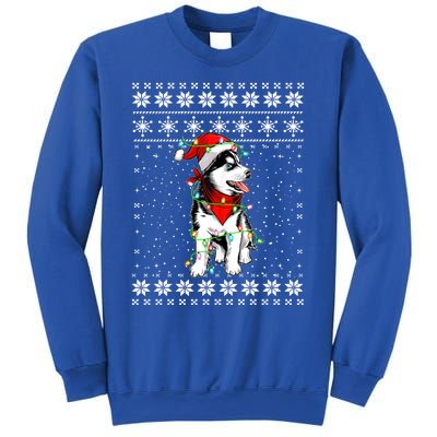 Siberian Husky Lovers Ugly Xmas Sweater Lights Santa Hat Gift Sweatshirt