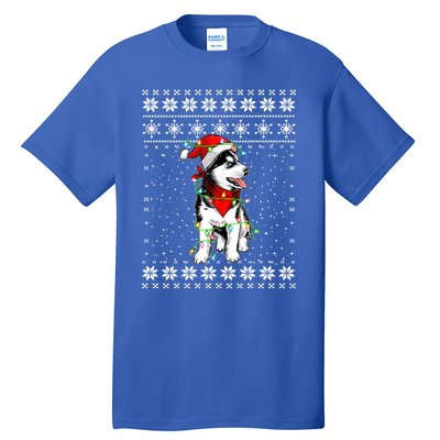 Siberian Husky Lovers Ugly Xmas Sweater Lights Santa Hat Gift Tall T-Shirt