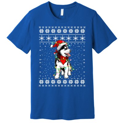 Siberian Husky Lovers Ugly Xmas Sweater Lights Santa Hat Gift Premium T-Shirt