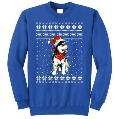 Siberian Husky Lovers Ugly Xmas Sweater Lights Santa Hat Gift Tall Sweatshirt