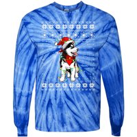 Siberian Husky Lovers Ugly Xmas Sweater Lights Santa Hat Gift Tie-Dye Long Sleeve Shirt