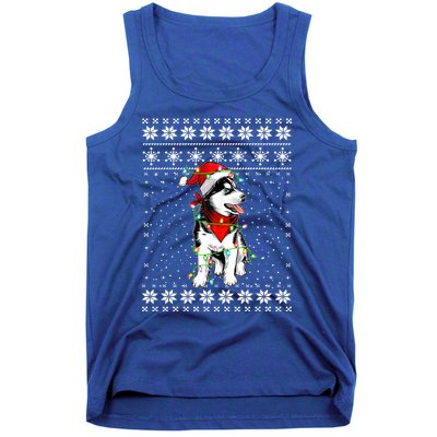 Siberian Husky Lovers Ugly Xmas Sweater Lights Santa Hat Gift Tank Top