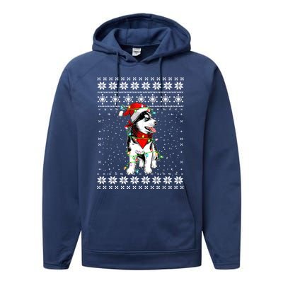 Siberian Husky Lovers Ugly Xmas Sweater Lights Santa Hat Gift Performance Fleece Hoodie