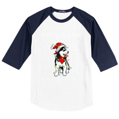 Siberian Husky Lovers Ugly Xmas Sweater Lights Santa Hat Gift Baseball Sleeve Shirt