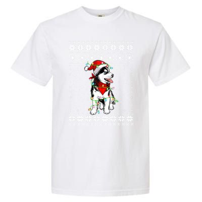 Siberian Husky Lovers Ugly Xmas Sweater Lights Santa Hat Gift Garment-Dyed Heavyweight T-Shirt