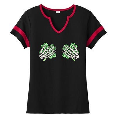 Skeleton Hands Lucky Shamrock Happy St Patricks Day Ladies Halftime Notch Neck Tee