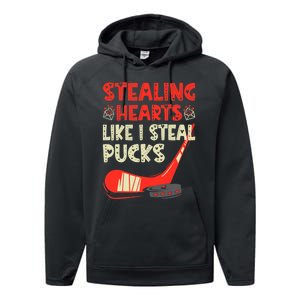 Stealing Heart Like I Steal Pucks Valentines Day Hockey Performance Fleece Hoodie