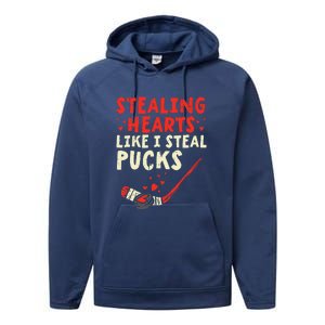 Stealing Heart Like I Steal Pucks Valentines Day Hockey Performance Fleece Hoodie