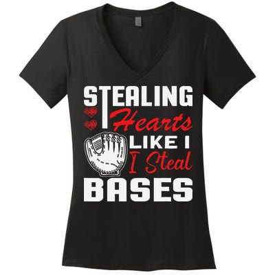 Stealing Hearts Like I Steal Bases Baseball Valentine's Day Women's V-Neck T-Shirt