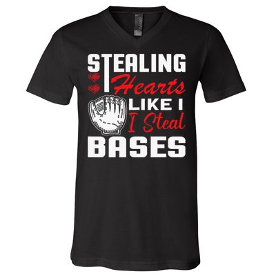 Stealing Hearts Like I Steal Bases Baseball Valentine's Day V-Neck T-Shirt