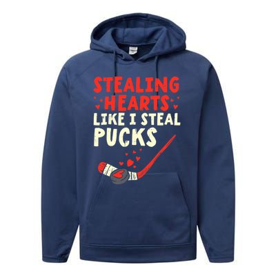 Stealing Heart Like I Steal Pucks Valentines Day Hockey Performance Fleece Hoodie