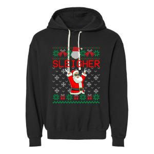 Sleigher Heavy Metal Music Hail Santa Ugly Christmas Sweater Garment-Dyed Fleece Hoodie