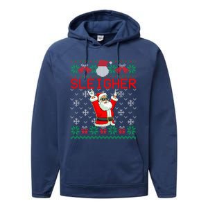 Sleigher Heavy Metal Music Hail Santa Ugly Christmas Sweater Performance Fleece Hoodie