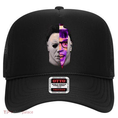 Scary Halloween Mask And Knife High Crown Mesh Back Trucker Hat