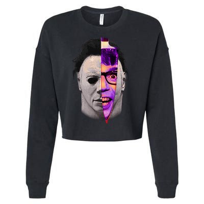 Scary Halloween Mask And Knife Cropped Pullover Crew