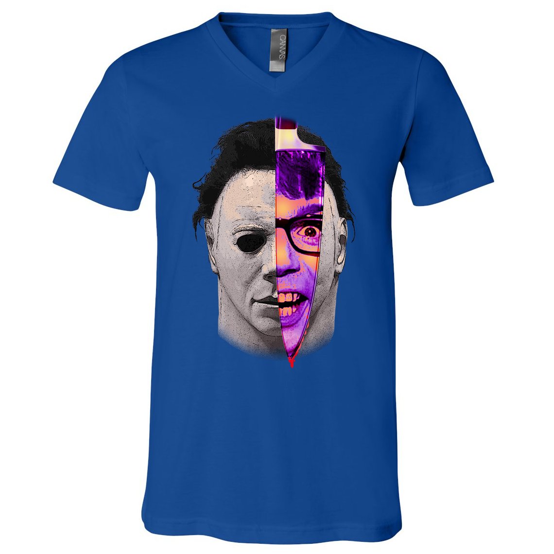 Scary Halloween Mask And Knife V-Neck T-Shirt