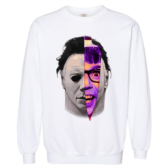 Scary Halloween Mask And Knife Garment-Dyed Sweatshirt