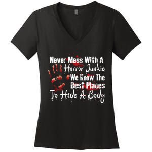 Scary Horror Movie Mess With A Horror Movie Junkie Women's V-Neck T-Shirt